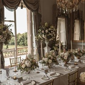 fwthumbLong table flowersClivedon House Hotel gold footed bowls, candles, white wedding, Lilys Flowers Surrey.jpg